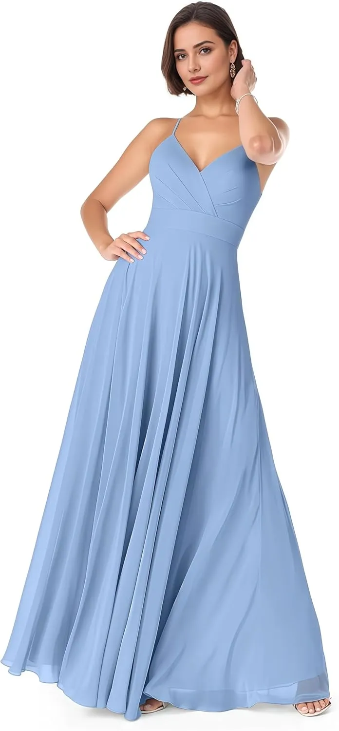 Spaghetti Straps Bridesmaid Dresses for Women Chiffon A Line Formal Evening Dresses with Pocket NO137