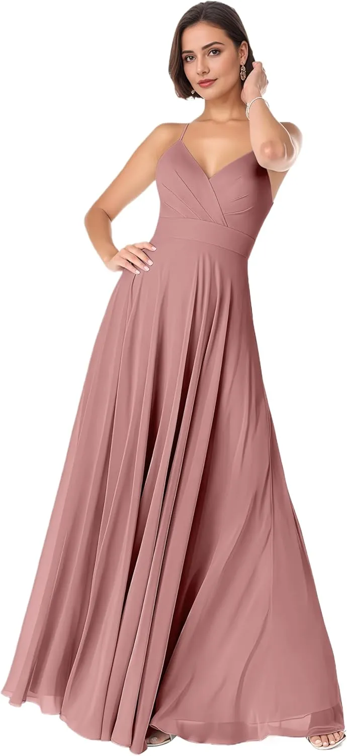Spaghetti Straps Bridesmaid Dresses for Women Chiffon A Line Formal Evening Dresses with Pocket NO137