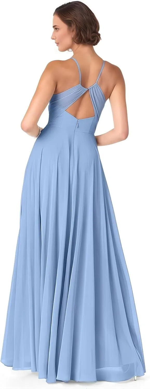 Spaghetti Straps Bridesmaid Dresses for Women Chiffon A Line Formal Evening Dresses with Pocket NO137
