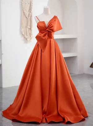 Elegant A-Line Floor-Length Orange Satin Prom Formal Evening Dress with Spaghetti Straps