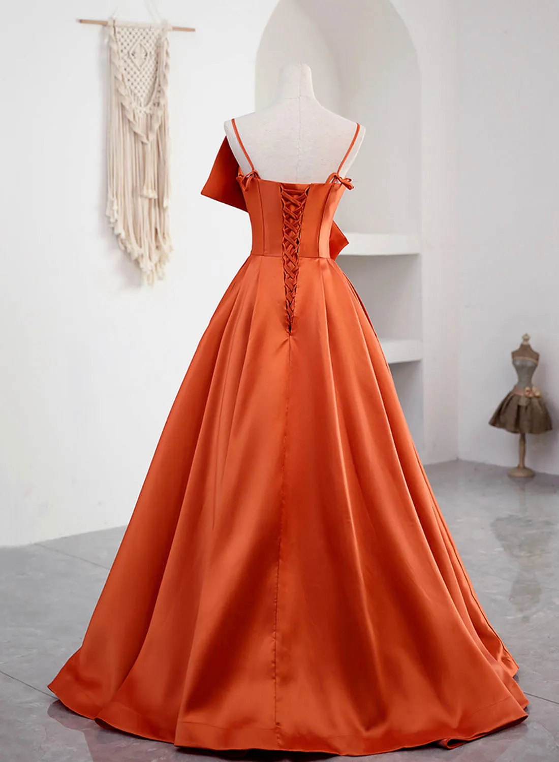 Elegant A-Line Floor-Length Orange Satin Prom Formal Evening Dress with Spaghetti Straps