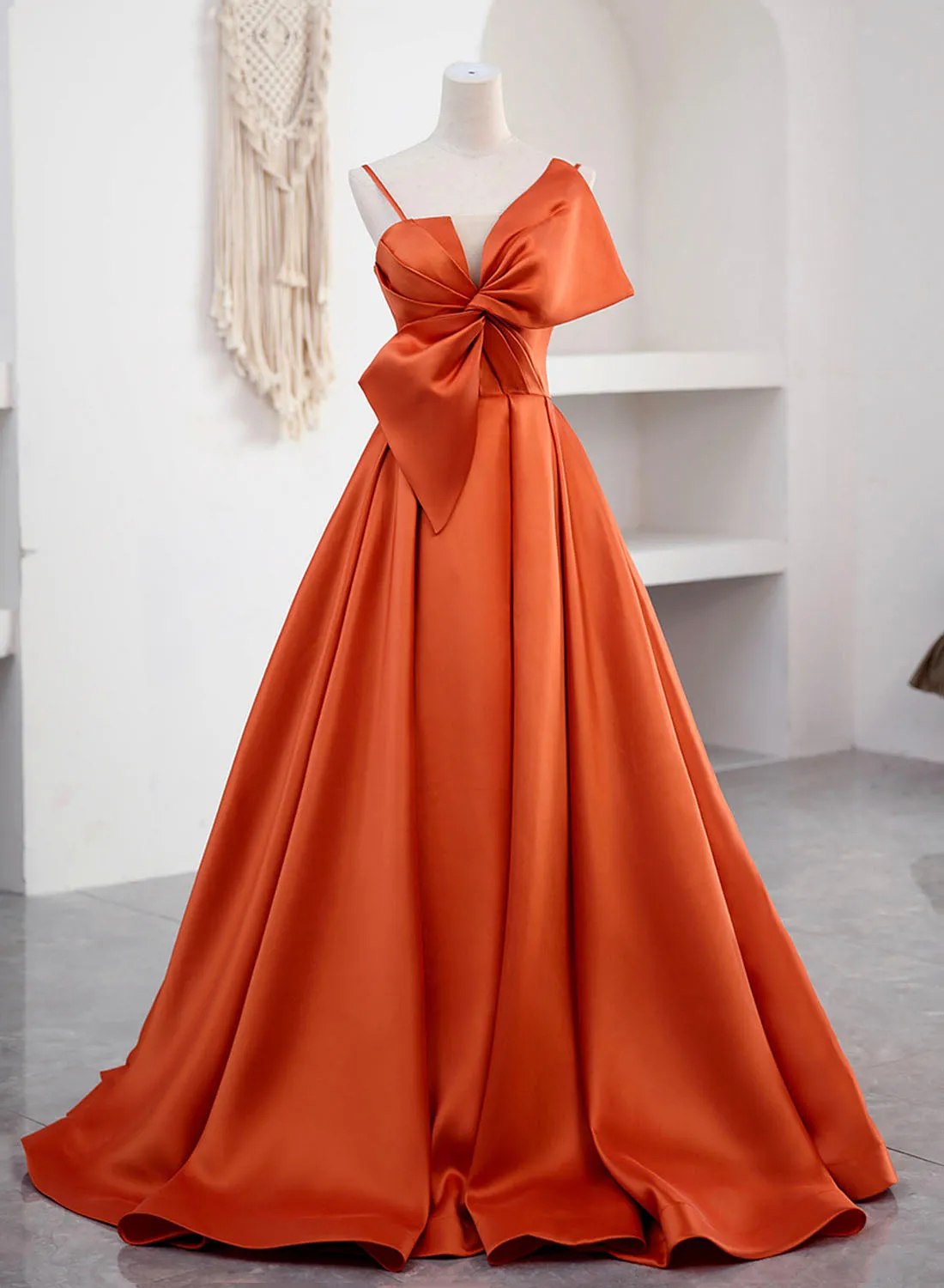 Elegant A-Line Floor-Length Orange Satin Prom Formal Evening Dress with Spaghetti Straps