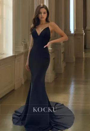 Spaghetti Straps V-Neck Sleeveless Mermaid Satin Prom Dress Evening Dress with Sweep train