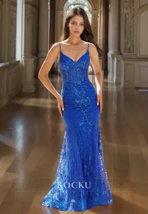 Spaghetti Straps V-Neck Sleeveless Stripe Mermaid Prom Dress Formal Gowns with Appliques