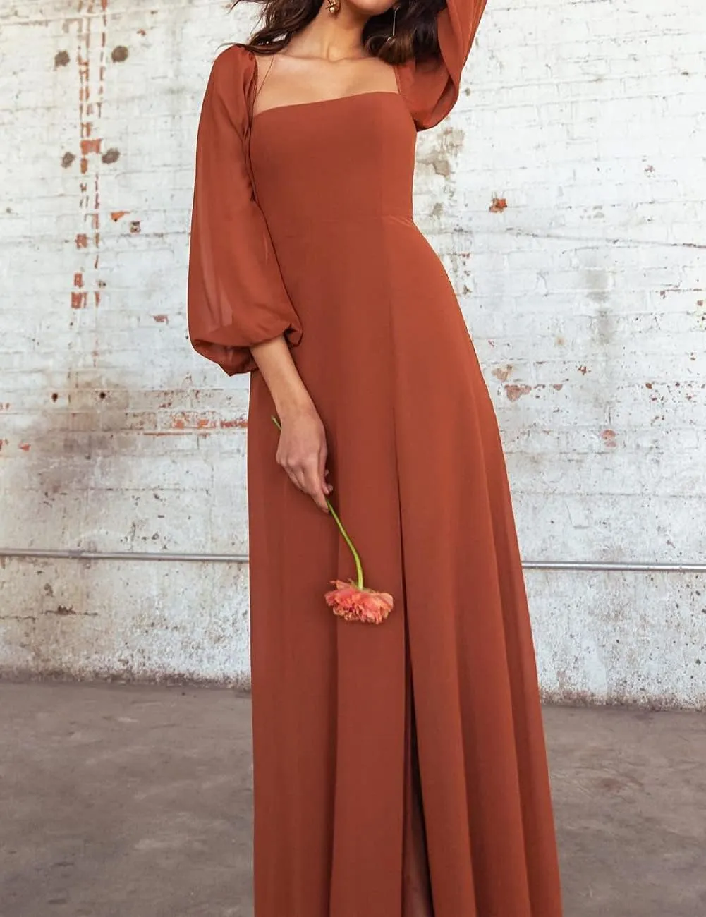 Square Neck Chiffon Long Sleeve Bridesmaid Dresses for Women Formal Evening Gowns Maxi Dress with Split