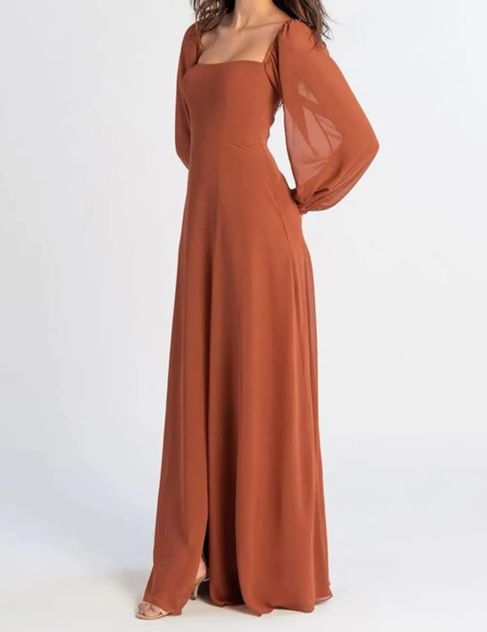 Square Neck Chiffon Long Sleeve Bridesmaid Dresses for Women Formal Evening Gowns Maxi Dress with Split