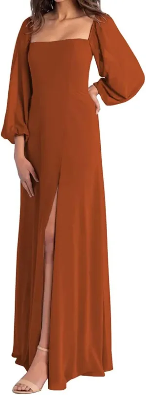 Square Neck Chiffon Long Sleeve Bridesmaid Dresses for Women Formal Evening Gowns Maxi Dress with Split
