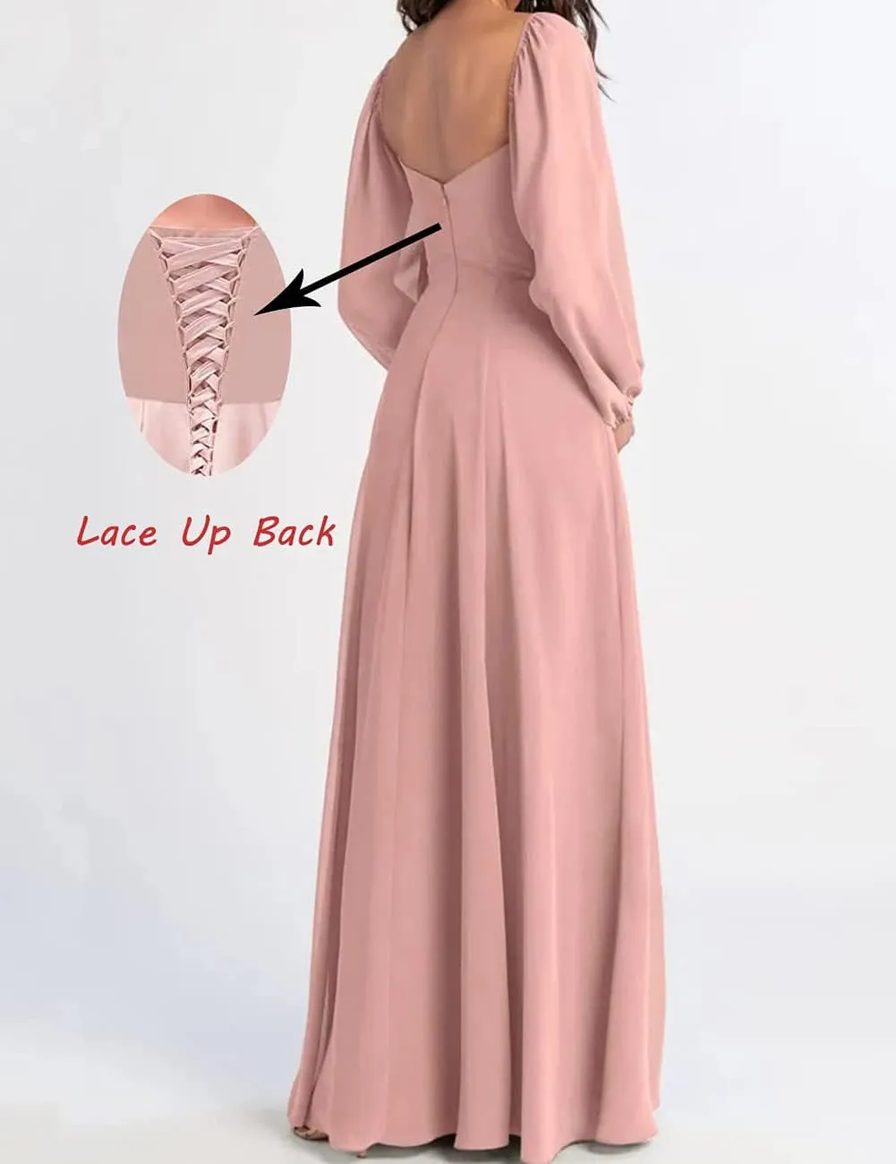 Square Neck Chiffon Long Sleeve Bridesmaid Dresses for Women Formal Evening Gowns Maxi Dress with Split