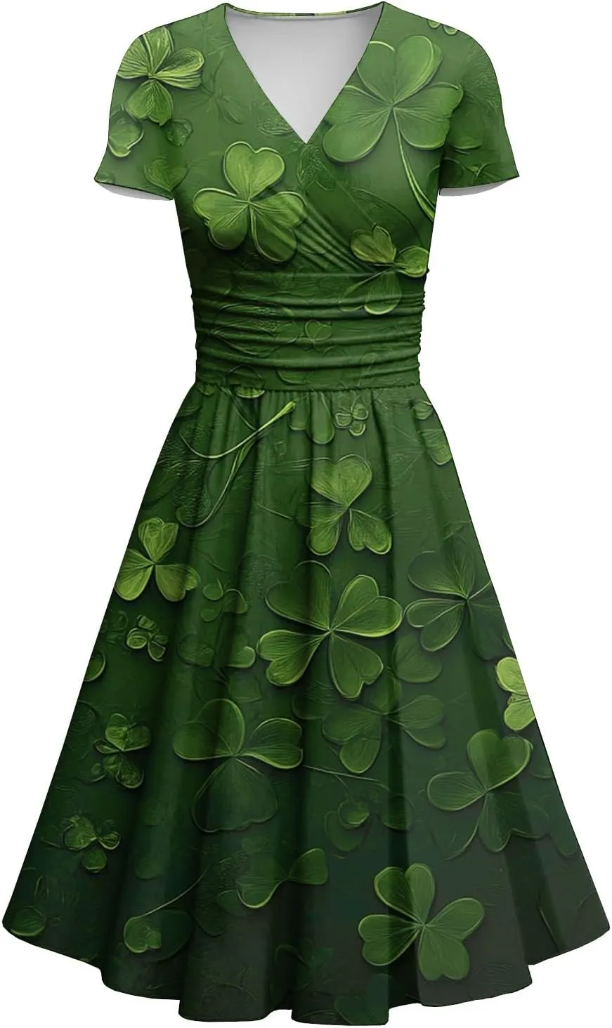 St Patricks Day Dress Women Elegant Short Sleeve Princess V Neck Pulled Ruffle Shamrock Print Waist Drawstring Dresses