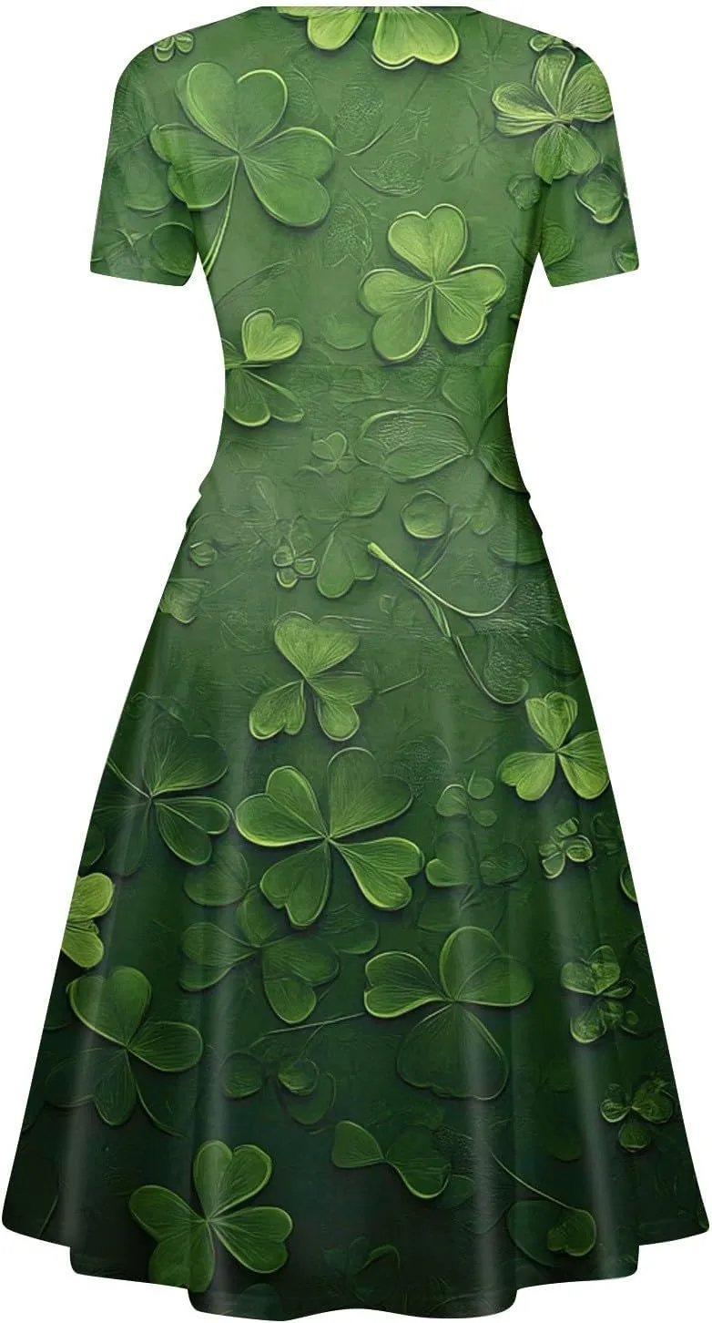 St Patricks Day Dress Women Elegant Short Sleeve Princess V Neck Pulled Ruffle Shamrock Print Waist Drawstring Dresses