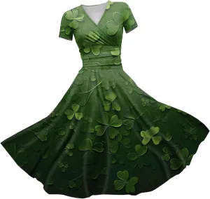 St Patricks Day Dress Women Elegant Short Sleeve Princess V Neck Pulled Ruffle Shamrock Print Waist Drawstring Dresses