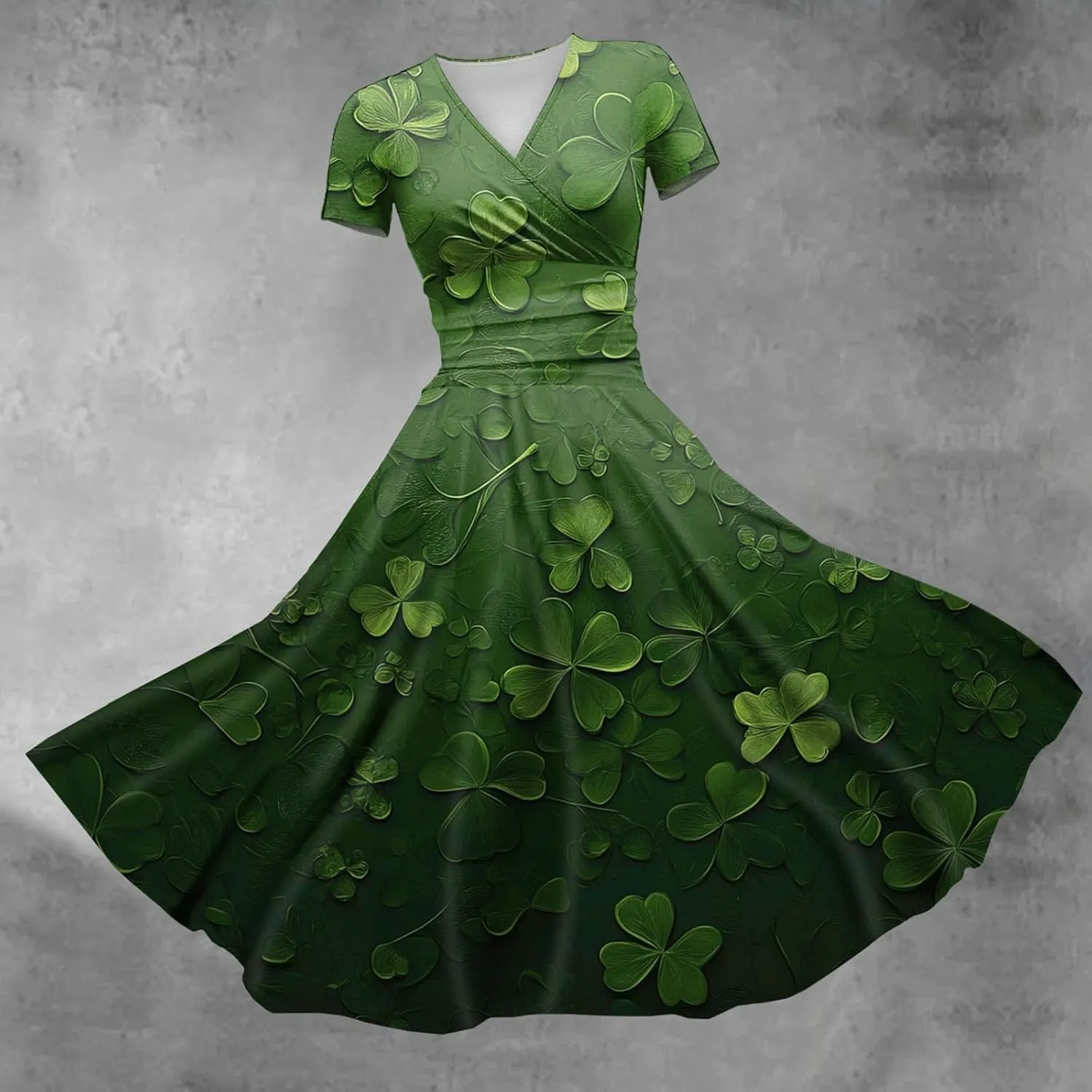 St Patricks Day Dress Women Elegant Short Sleeve Princess V Neck Pulled Ruffle Shamrock Print Waist Drawstring Dresses