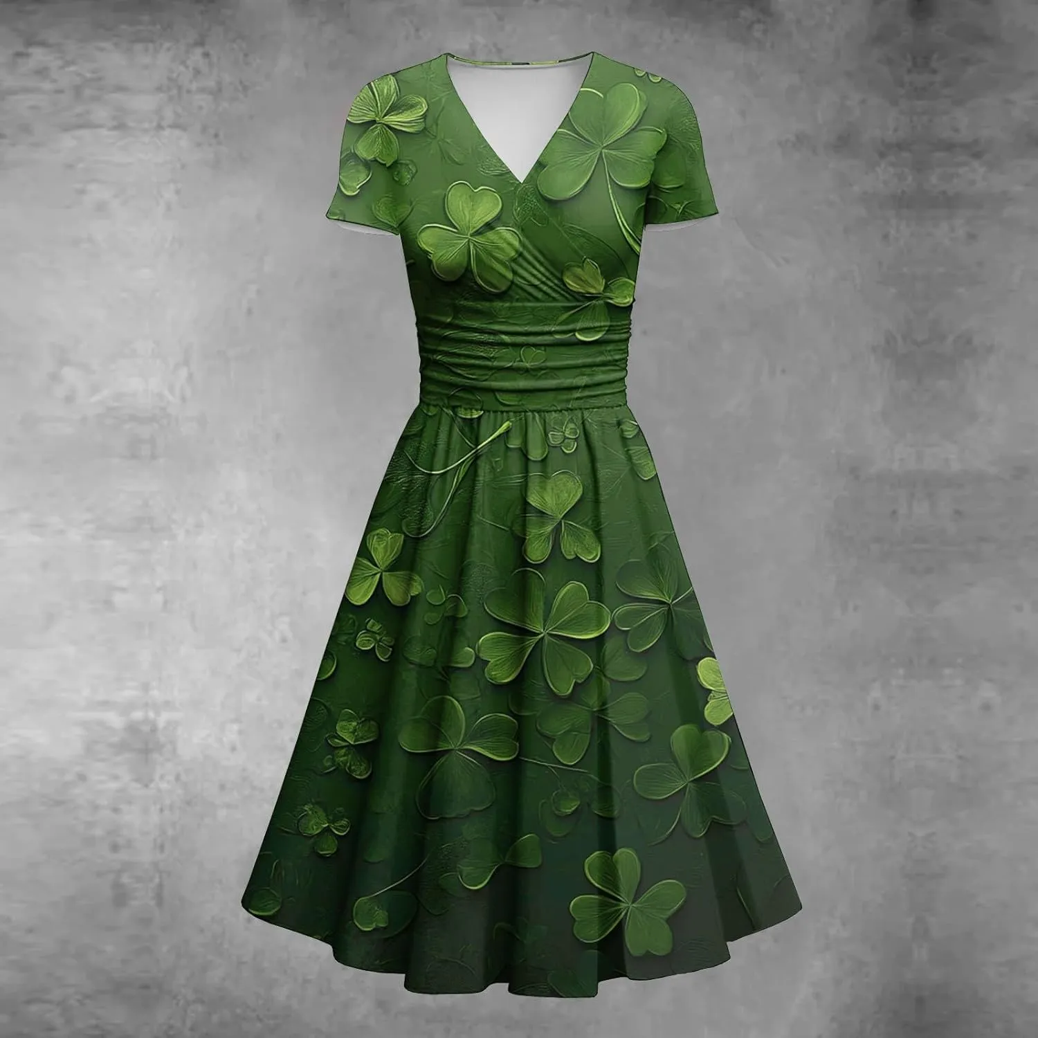 St Patricks Day Dress Women Elegant Short Sleeve Princess V Neck Pulled Ruffle Shamrock Print Waist Drawstring Dresses