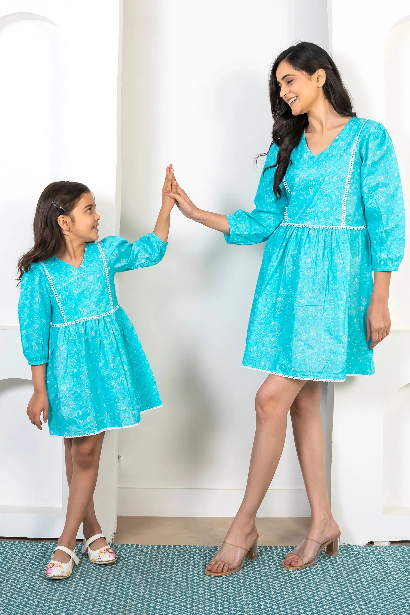 Stay Stylish on Holiday: Aqua Blue Mom and Daughter Matching Cotton Dresses