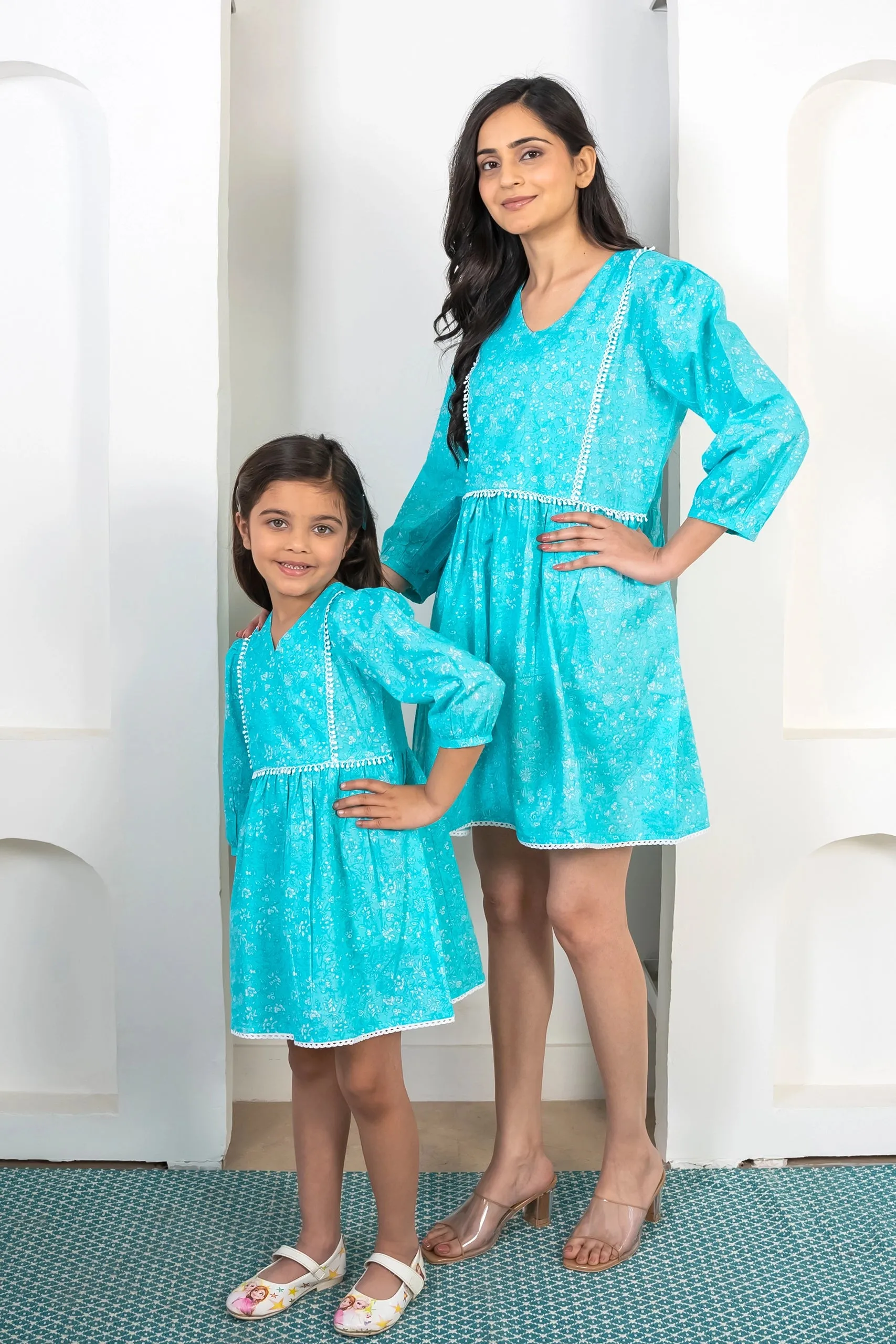 Stay Stylish on Holiday: Aqua Blue Mom and Daughter Matching Cotton Dresses