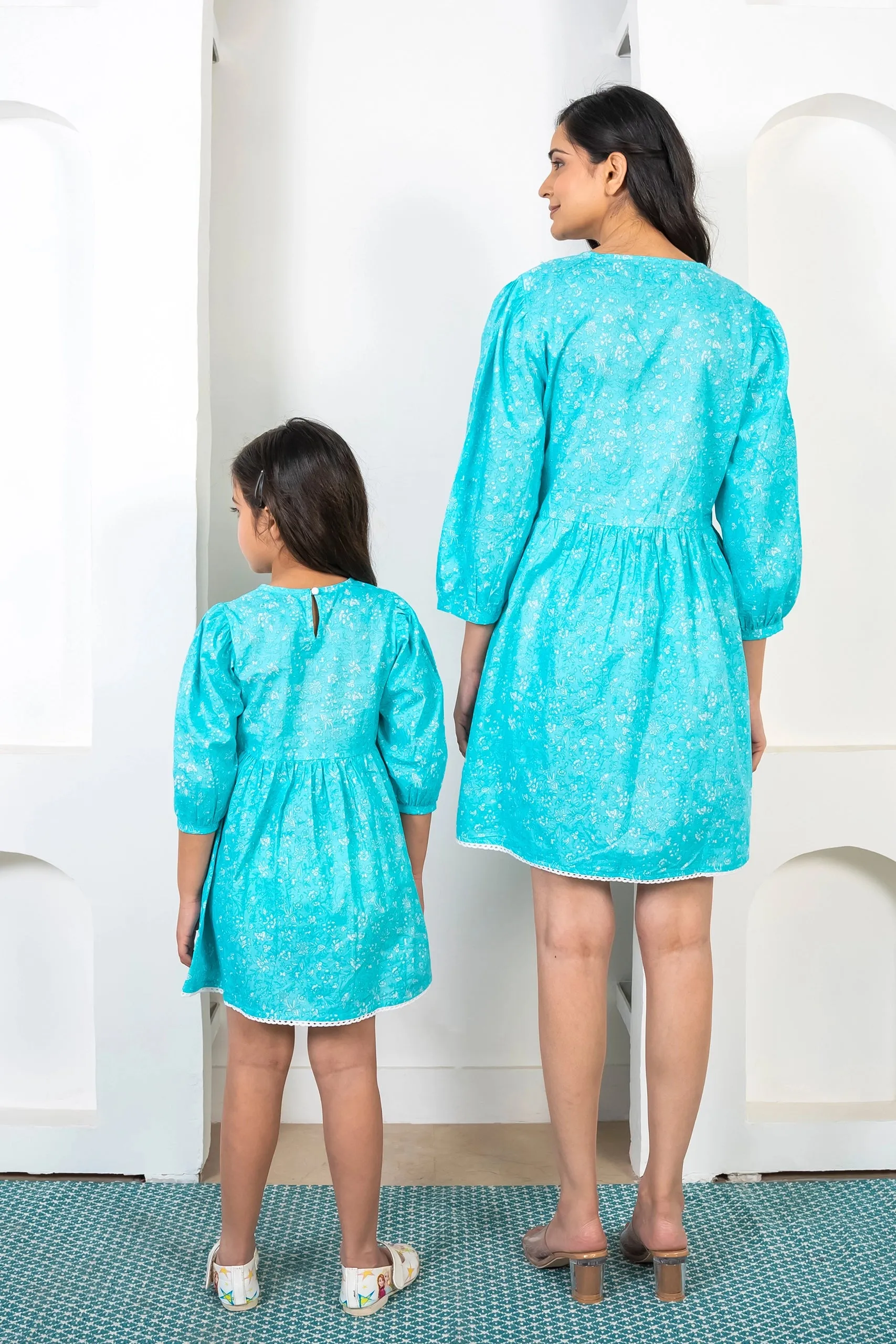 Stay Stylish on Holiday: Aqua Blue Mom and Daughter Matching Cotton Dresses