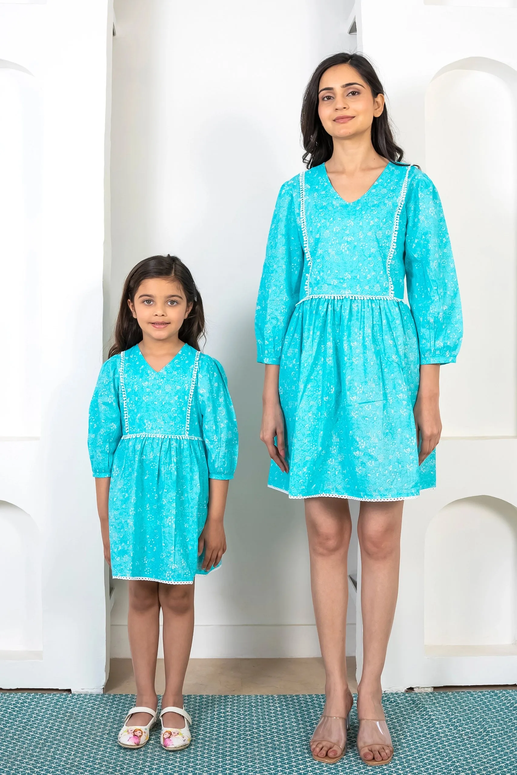 Stay Stylish on Holiday: Aqua Blue Mom and Daughter Matching Cotton Dresses