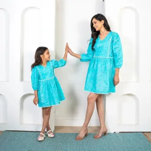 Stay Stylish on Holiday: Aqua Blue Mom and Daughter Matching Cotton Dresses