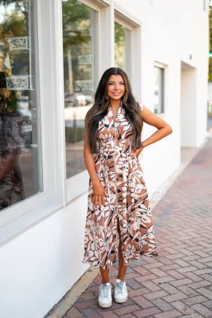 Steph Floral Zipper Midi Dress-Taupe