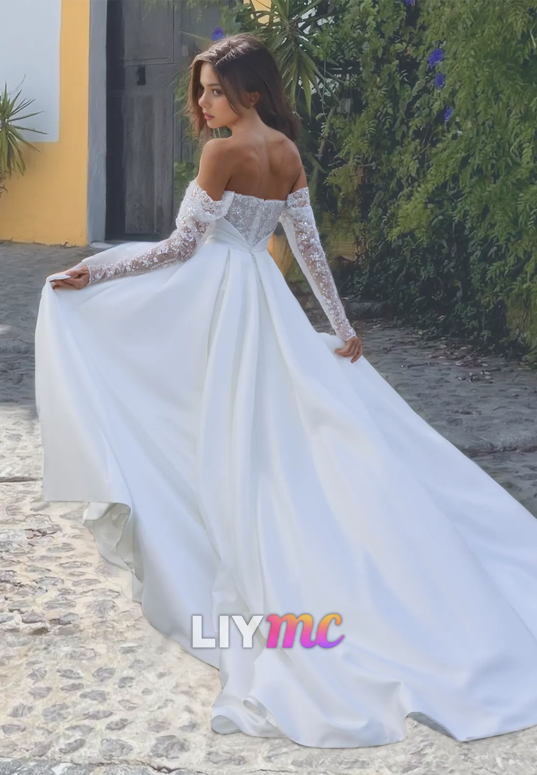 Strapless Long Sleeves Appliques Pleated Sleek Satin A-Line Wedding Dress