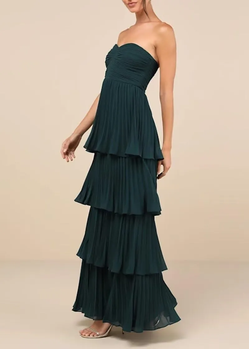 Strapless Prom Dress for Women Tiered Chiffon Bridesmaid Dresses Ruffle Sweetheart Evening Dresses
