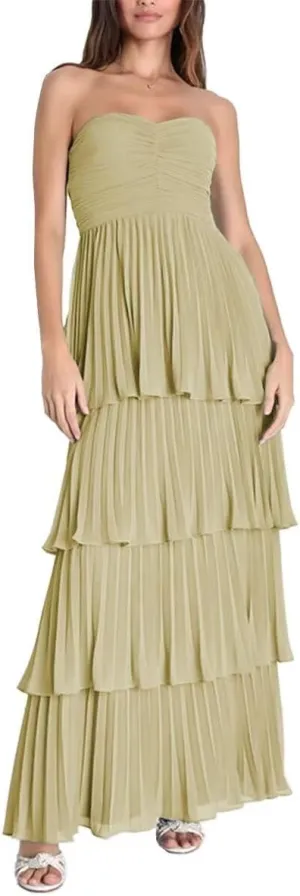 Strapless Prom Dress for Women Tiered Chiffon Bridesmaid Dresses Ruffle Sweetheart Evening Dresses
