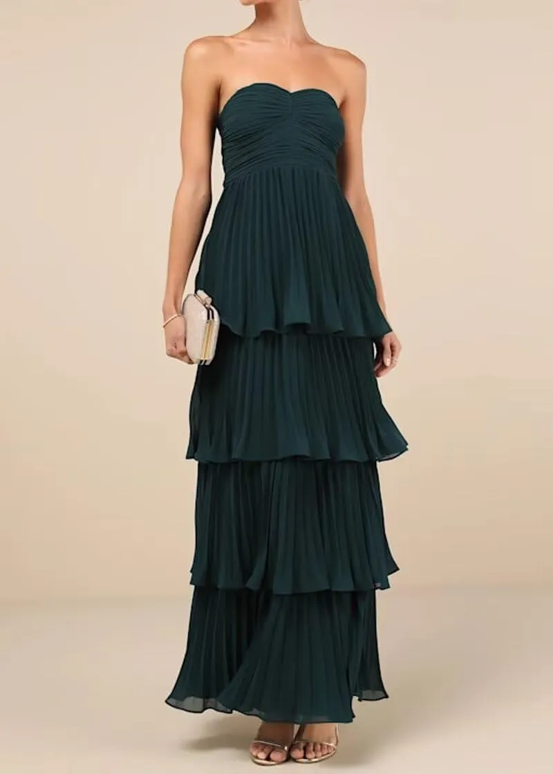 Strapless Prom Dress for Women Tiered Chiffon Bridesmaid Dresses Ruffle Sweetheart Evening Dresses