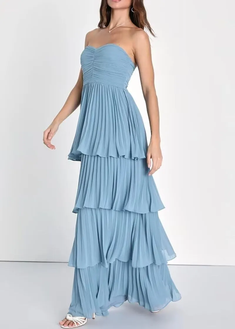 Strapless Prom Dress for Women Tiered Chiffon Bridesmaid Dresses Ruffle Sweetheart Evening Dresses