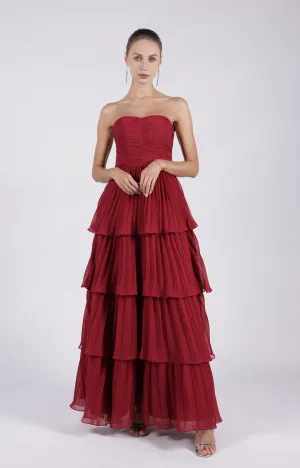 Strapless Ruched Tiered Zipper Maxi Dress