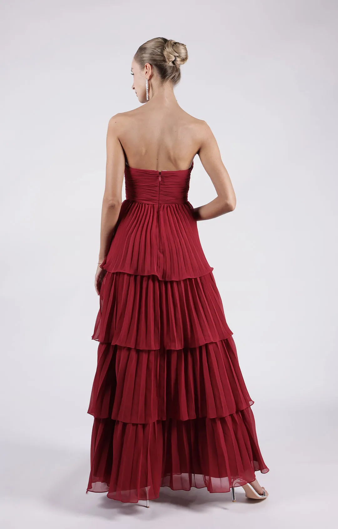 Strapless Ruched Tiered Zipper Maxi Dress