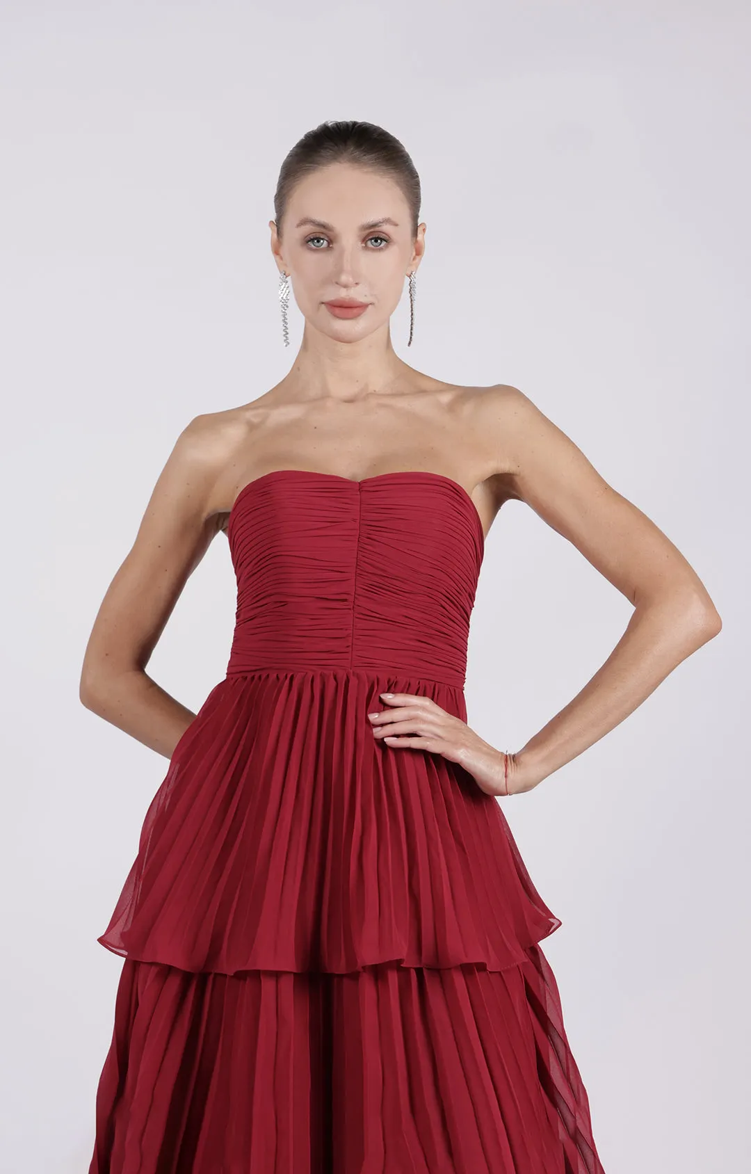Strapless Ruched Tiered Zipper Maxi Dress