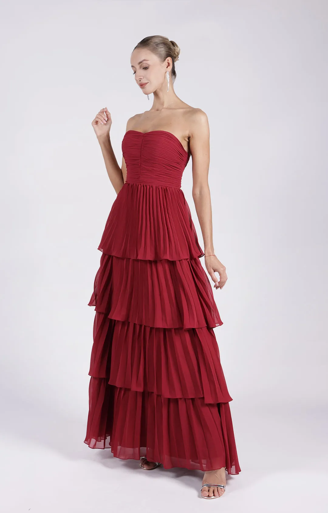 Strapless Ruched Tiered Zipper Maxi Dress