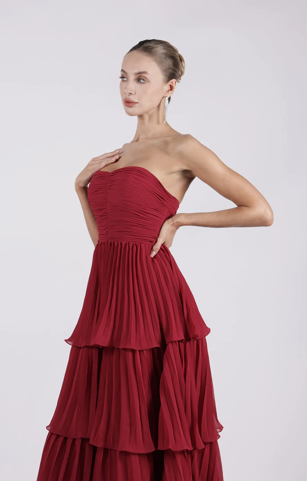 Strapless Ruched Tiered Zipper Maxi Dress