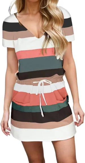 Striped T Shirt Dresses for Women Summer Causal Loose Crew Neck Drawstring Waist Mini Short Dress with Pockets