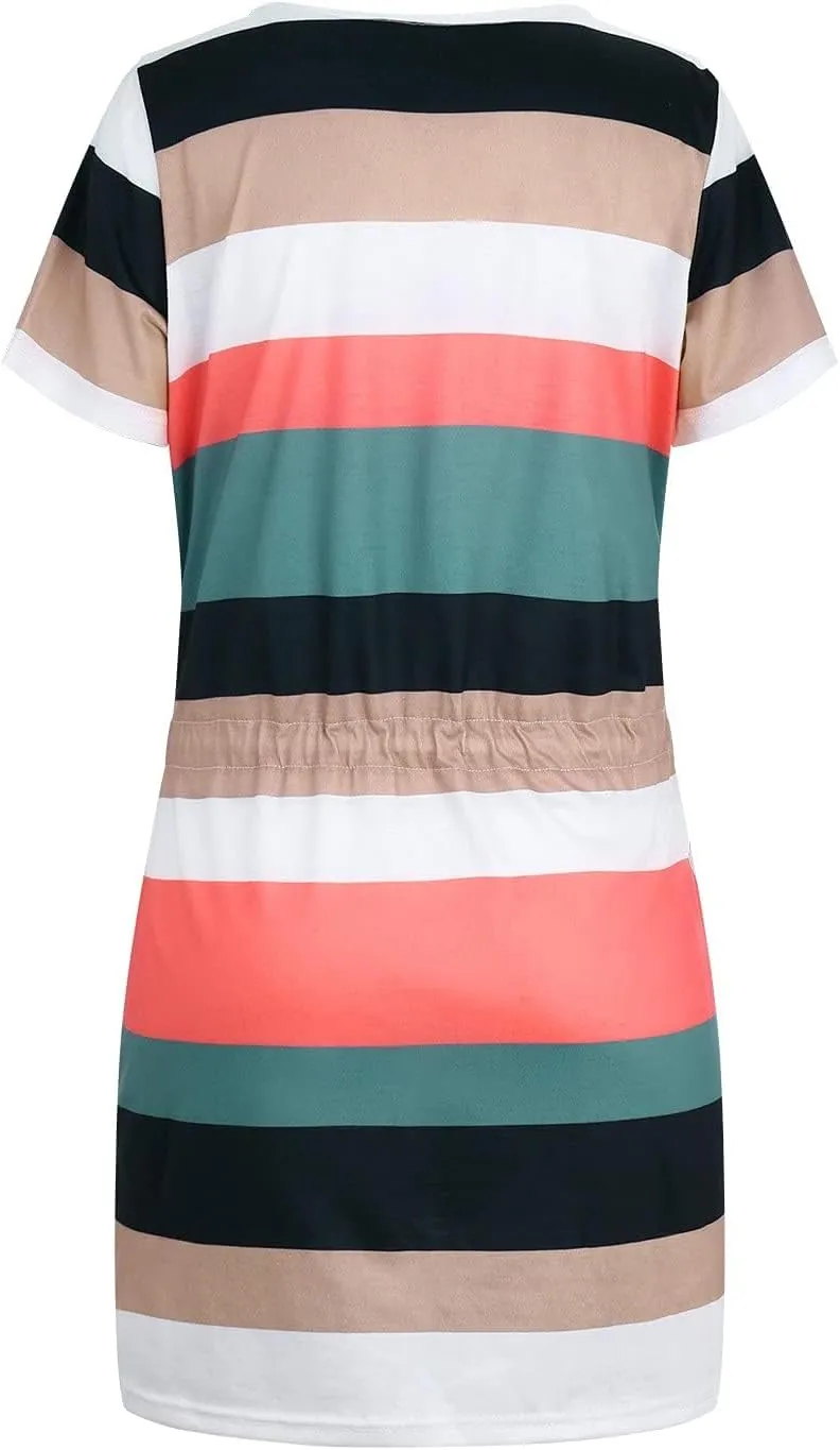 Striped T Shirt Dresses for Women Summer Causal Loose Crew Neck Drawstring Waist Mini Short Dress with Pockets