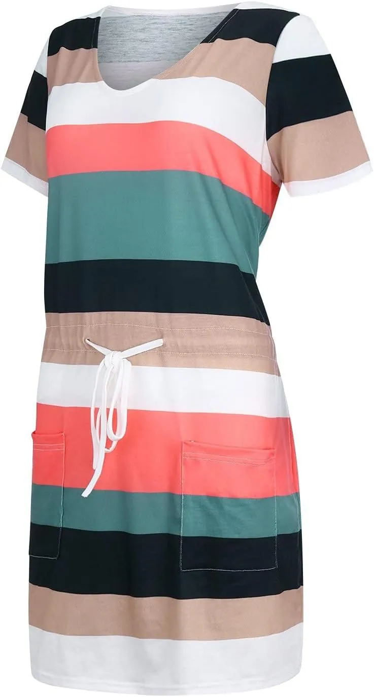 Striped T Shirt Dresses for Women Summer Causal Loose Crew Neck Drawstring Waist Mini Short Dress with Pockets