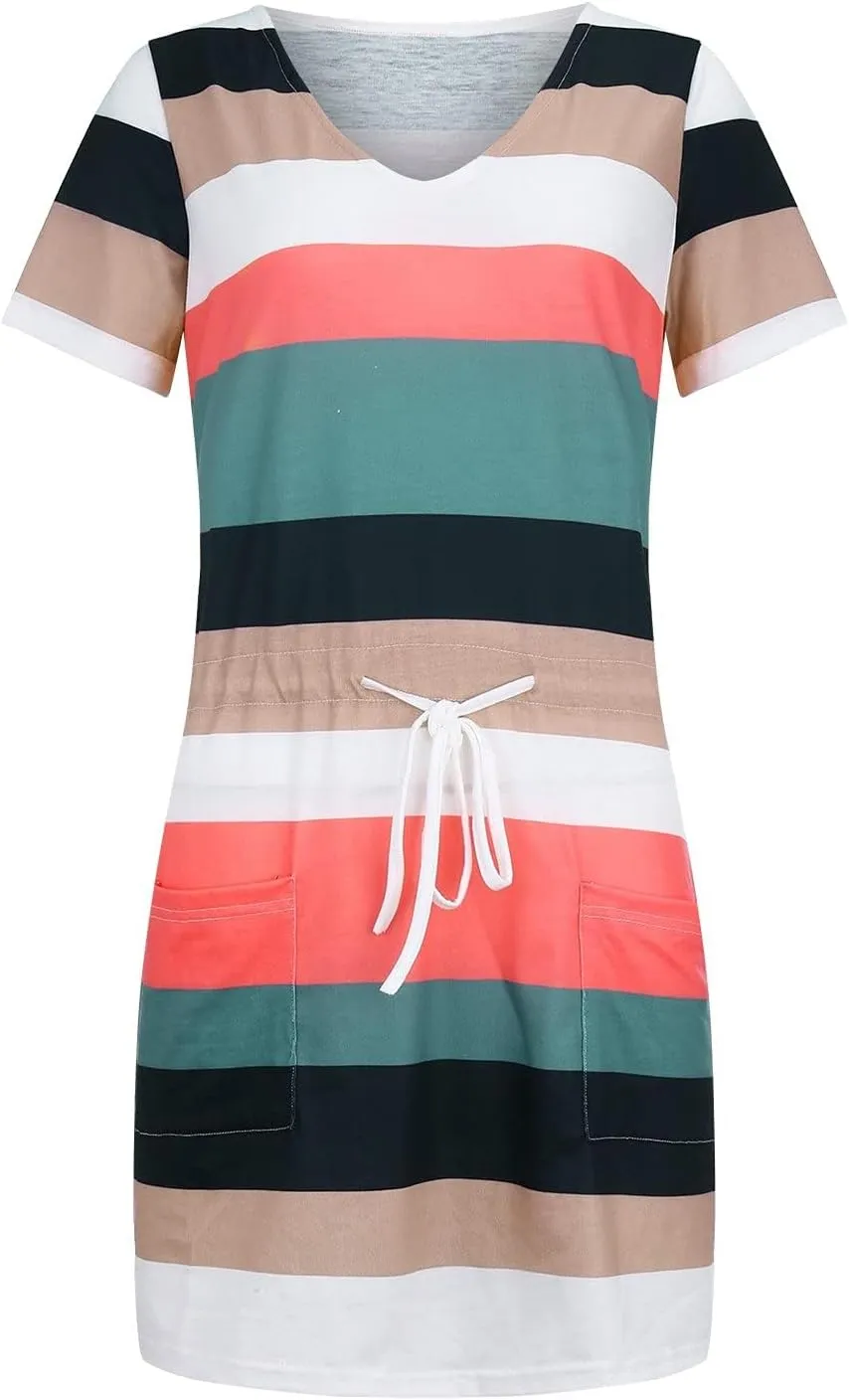 Striped T Shirt Dresses for Women Summer Causal Loose Crew Neck Drawstring Waist Mini Short Dress with Pockets
