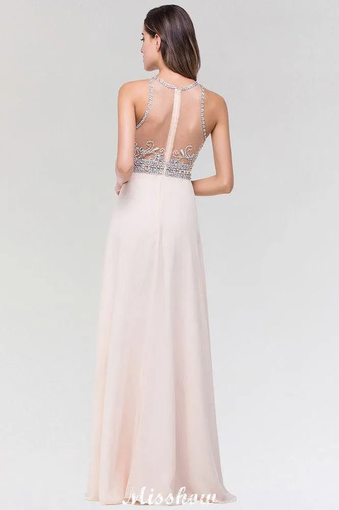 Stylish A-Line Chiffon Tulle Scoop Sleeveless Floor-Length Bridesmaid Dress with Beadings