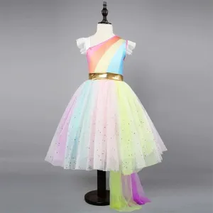 Stylish Flutter Sleeve Colorful Mesh Princess Dress Summer Fit and Flare Color-blocking Party Dress