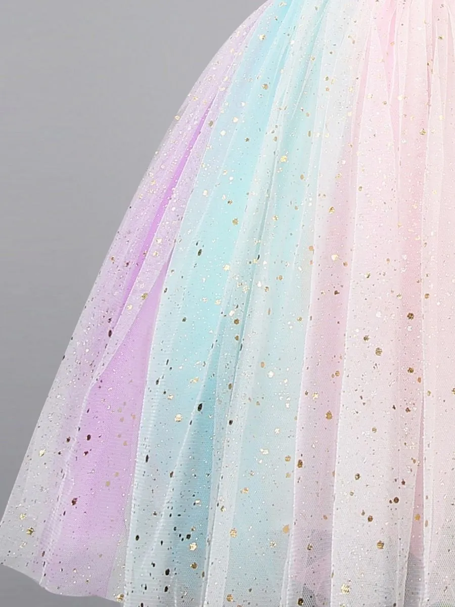 Stylish Flutter Sleeve Colorful Mesh Princess Dress Summer Fit and Flare Color-blocking Party Dress