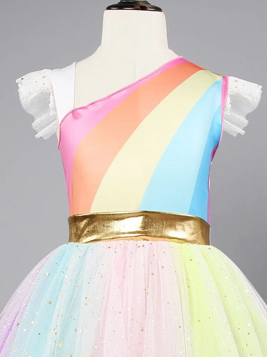 Stylish Flutter Sleeve Colorful Mesh Princess Dress Summer Fit and Flare Color-blocking Party Dress