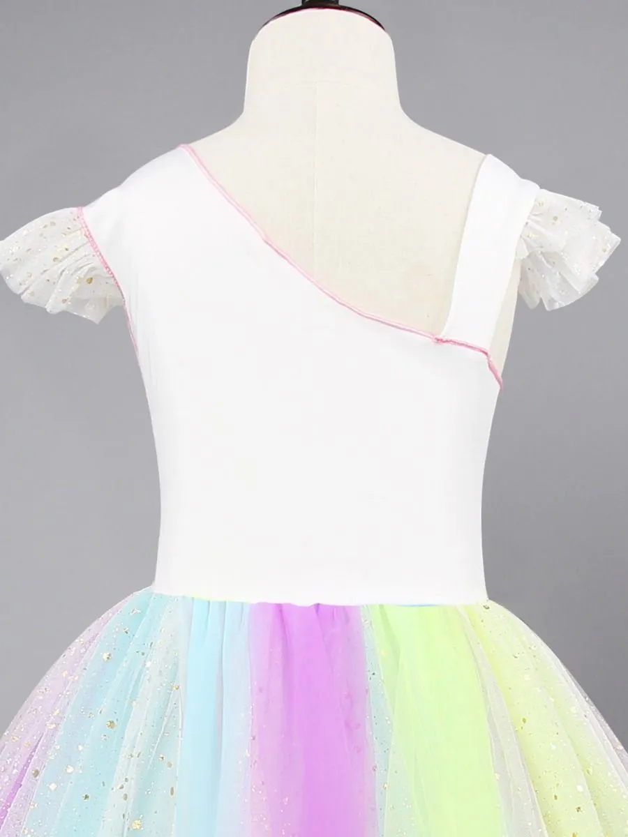 Stylish Flutter Sleeve Colorful Mesh Princess Dress Summer Fit and Flare Color-blocking Party Dress