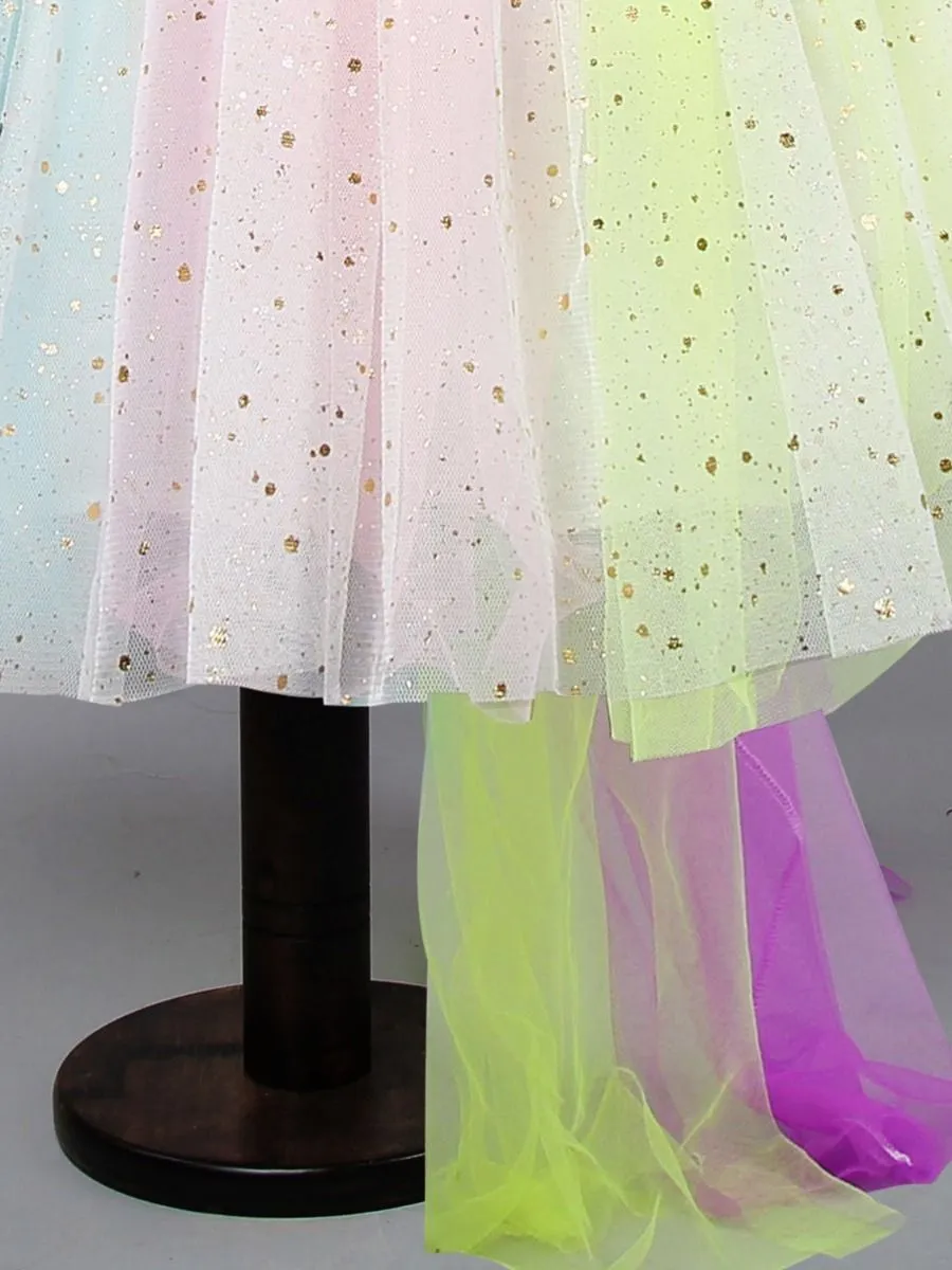 Stylish Flutter Sleeve Colorful Mesh Princess Dress Summer Fit and Flare Color-blocking Party Dress