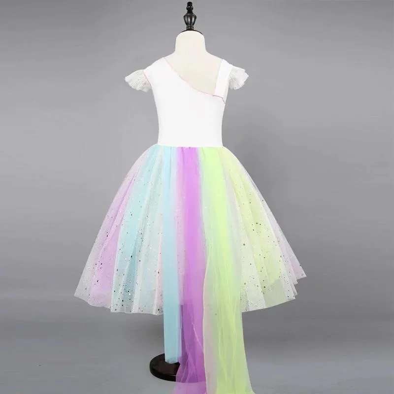 Stylish Flutter Sleeve Colorful Mesh Princess Dress Summer Fit and Flare Color-blocking Party Dress