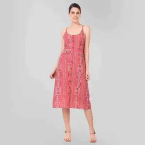 Stylish Pink Printed Rayon Shoulder Strap Dresses For Women