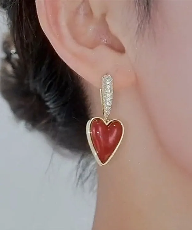 Stylish Red Sterling Silver Overgild Zircon Love Drip Glaze Drop Earrings KX1046