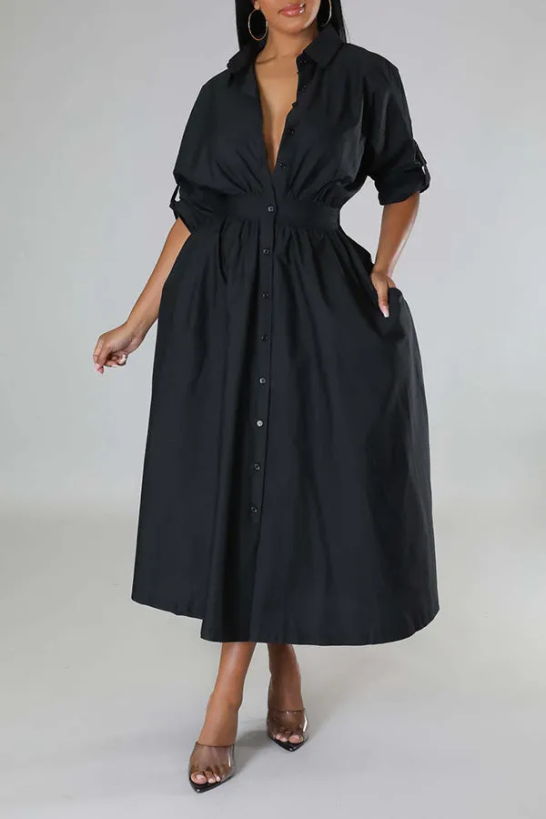 Stylish Ruched Elastic Waist Shirt Dress