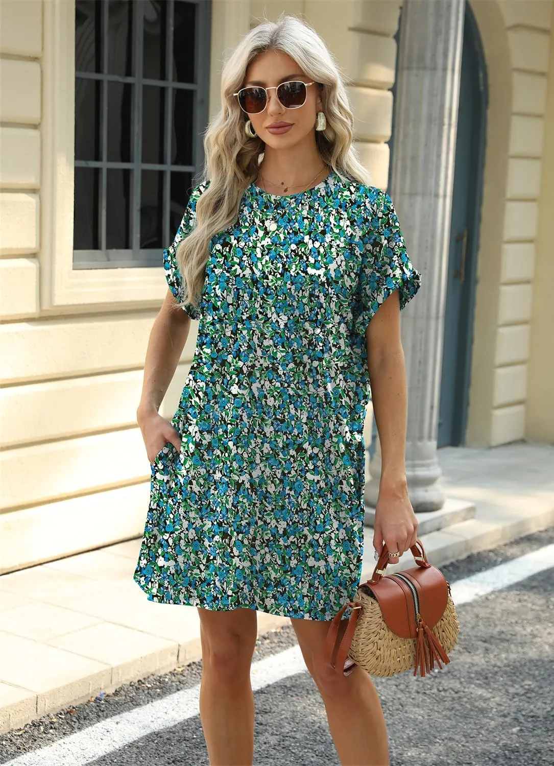 Sulozom Womens Summer Dresses Casual Crewneck Short Sleeve Floral Print Sundresses Beach A-line Shift Dress 2025 with Pockets