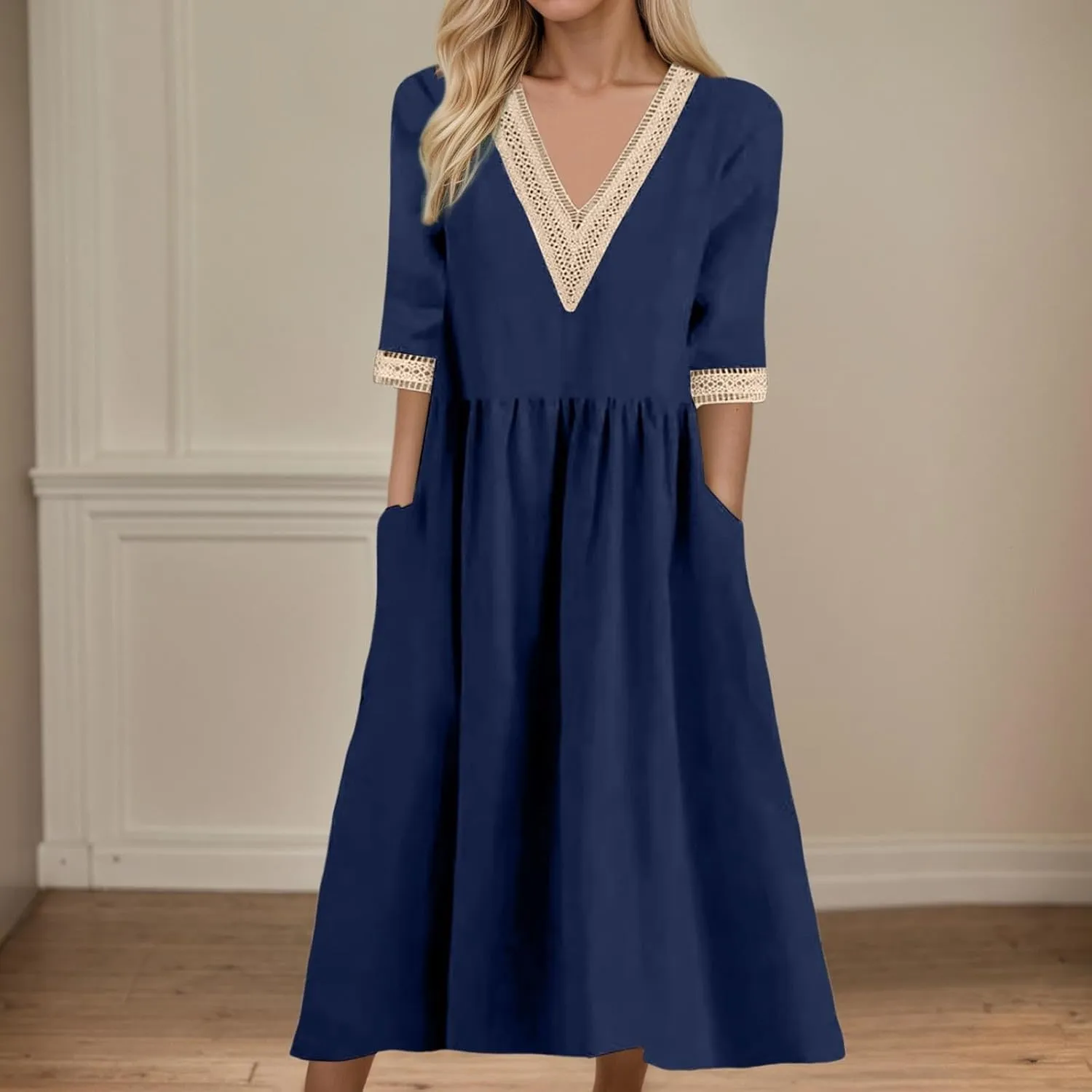 Summer Boho Floral Maxi Dress for Women Linen Beach Sundress with Pockets V-Neck Lace Trim Flowy Vacation Dress
