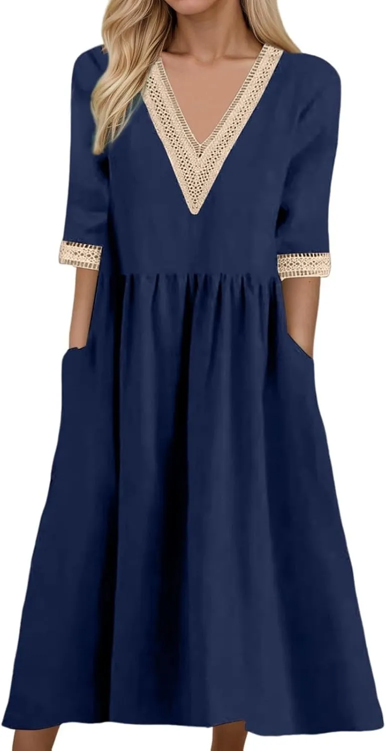 Summer Boho Floral Maxi Dress for Women Linen Beach Sundress with Pockets V-Neck Lace Trim Flowy Vacation Dress